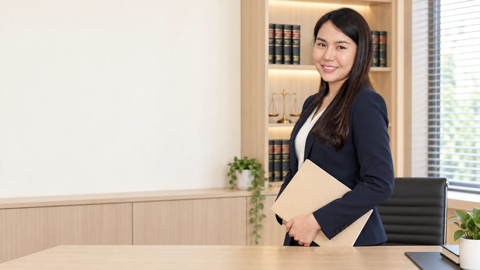 AI-assisted portrait of Walin holding a folder behind her office desk