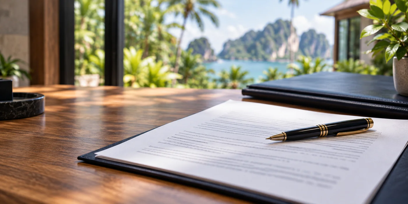 Agreement documents and a pen on a desk overlooking a tropical landscape