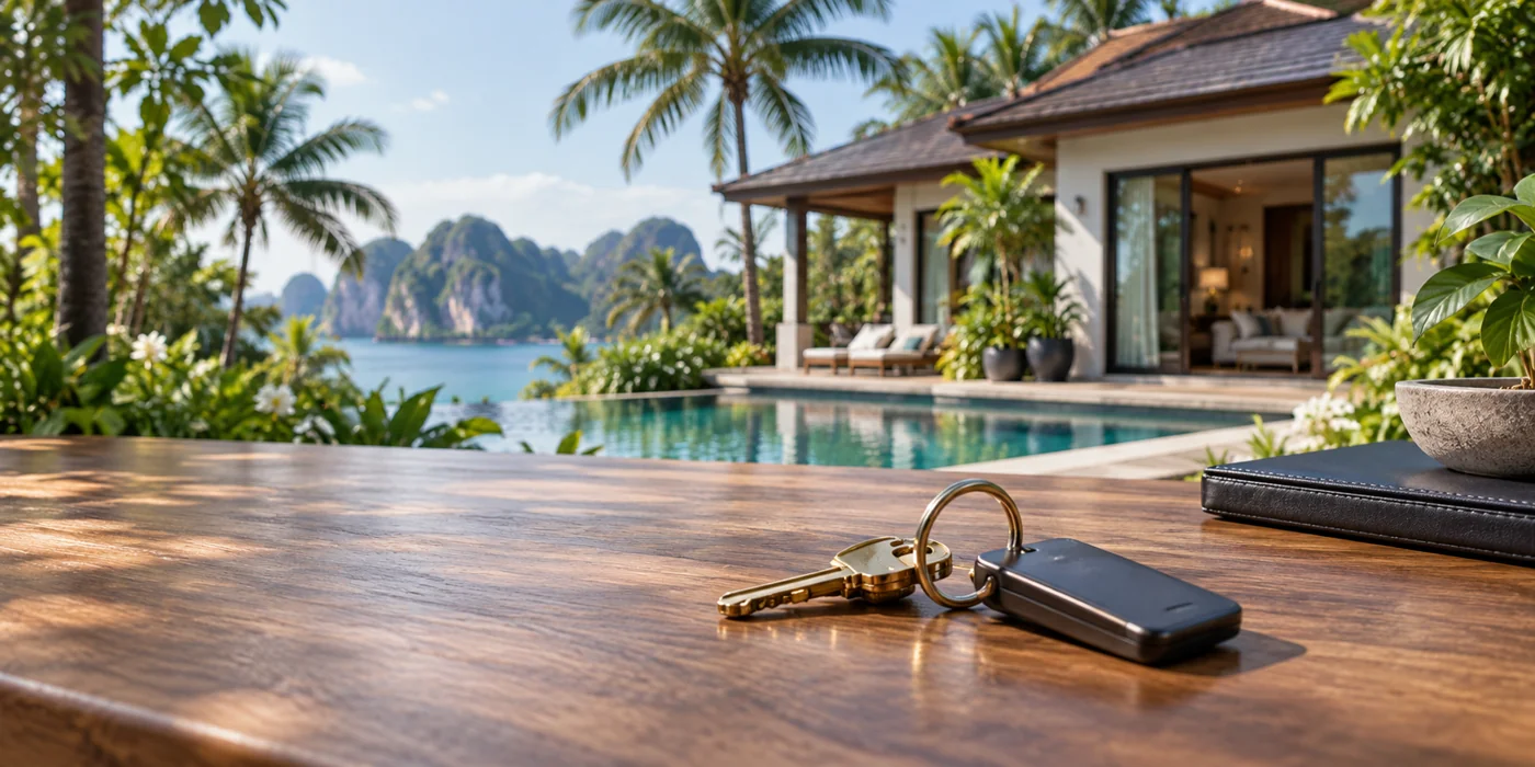 House keys on a desk with a tropical home and garden beyond