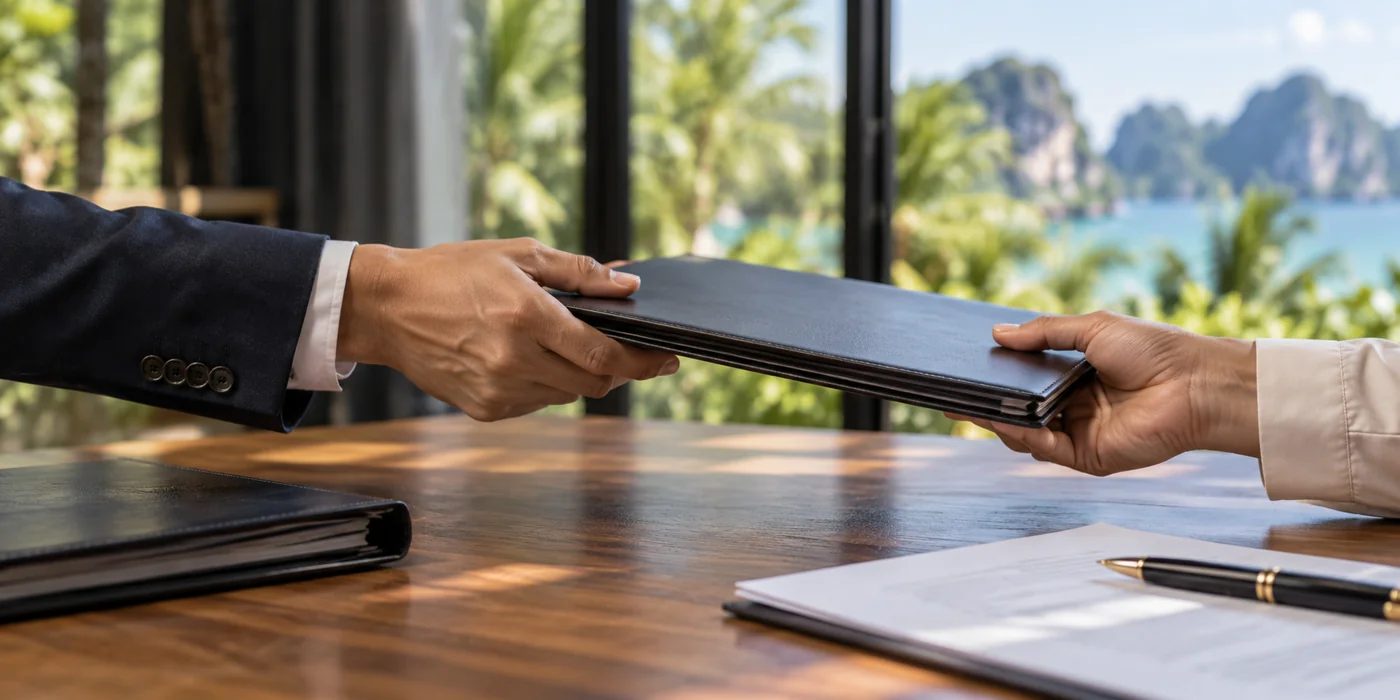 Hands passing a document folder across a desk